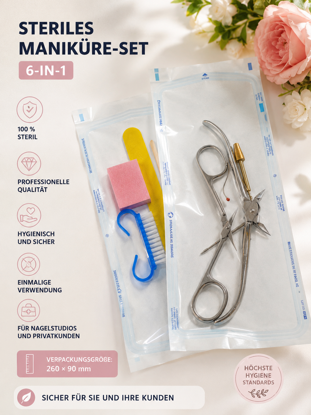 Selbstklebende Sterilisationsbeutel für Nagelstudios, Kosmetik und Podologie