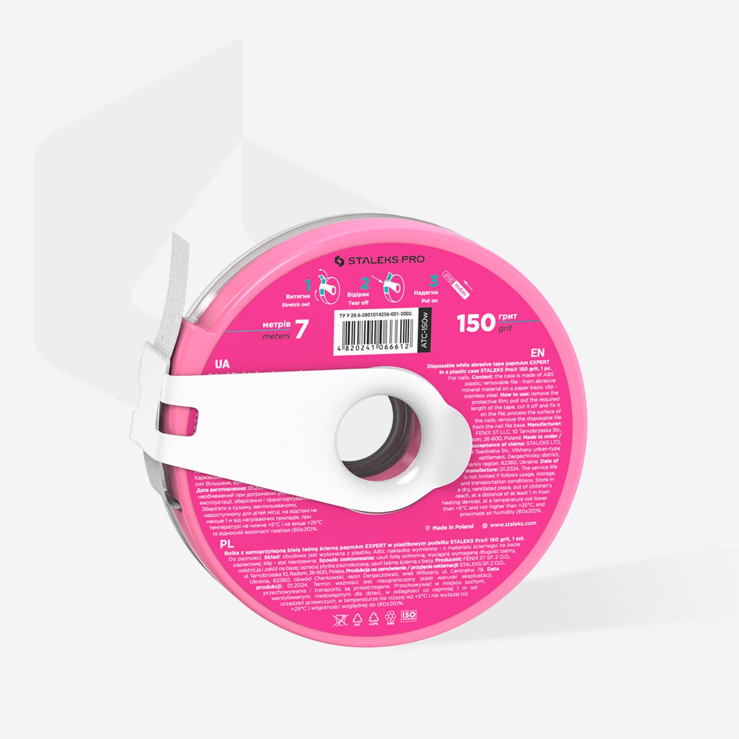 Disposable white abrasive tape EXPERT 150 grit in a plastic case