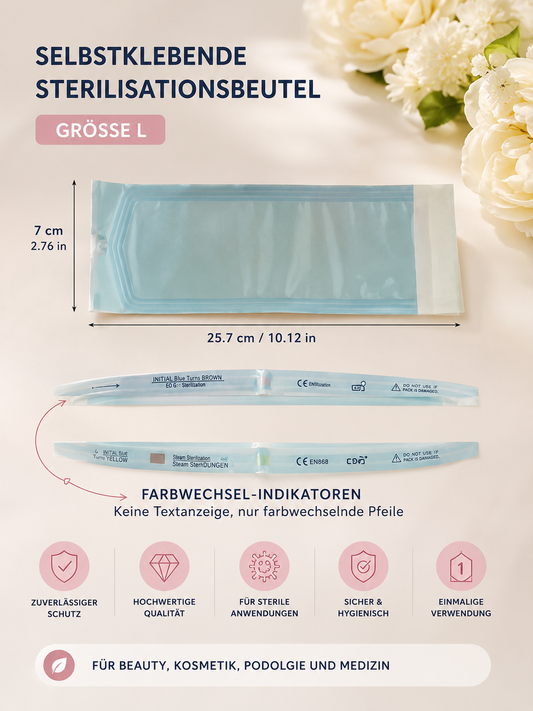 Sterilisationsbeutel für Za
Für maximale Hygiene bei jeder Behandlung.

✔ Sterilisiert und versiegelt
✔ Einmalige Verwendung
✔ Professionelle Studioqualität
✔ Perfekt für Maniküre & Pediküre

Hygiene auf höchstem Niveau – für Ihre Sicherheit und die Ihrer