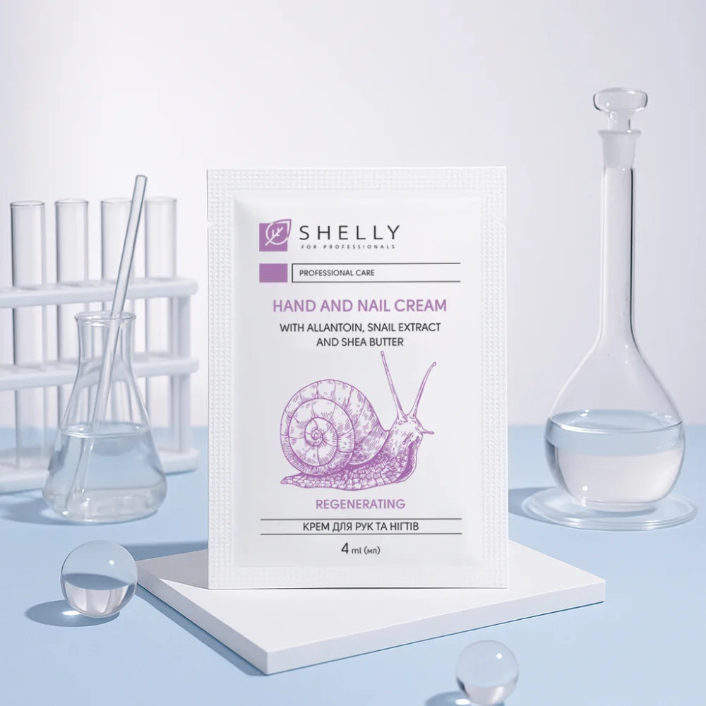 Hand- und Nagelcreme mit Allantoin, Schneckenextrakt und Sheaöl Shelly 4 ml x 100 Stück.