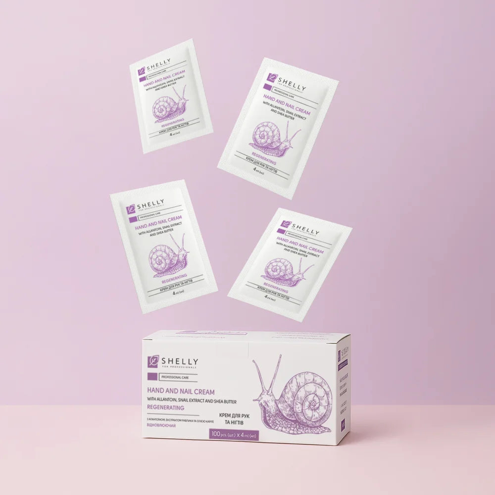 Hand- und Nagelcreme mit Allantoin, Schneckenextrakt und Sheaöl Shelly 4 ml x 100 Stück.