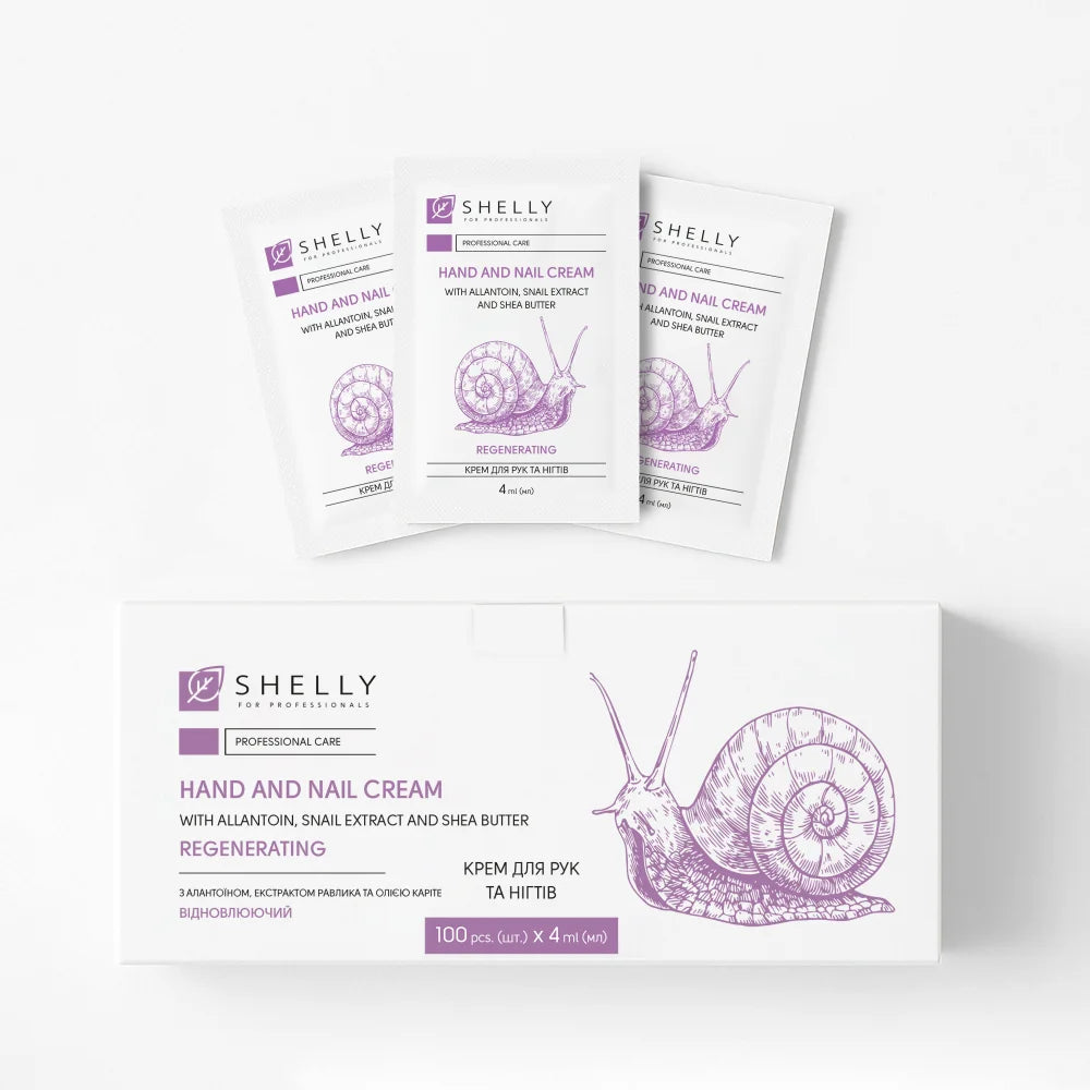 Hand- und Nagelcreme mit Allantoin, Schneckenextrakt und Sheaöl Shelly 4 ml x 100 Stück.